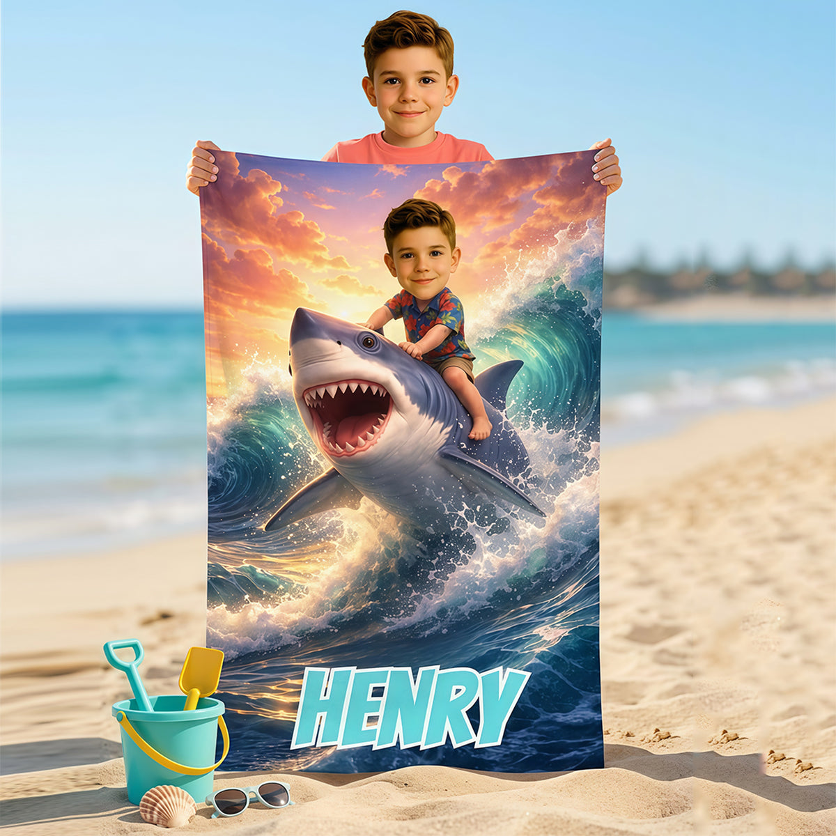 Personalized Shark Beach Towel, Custom Kids Pool Towels with Name, Summer Gift for Boys.