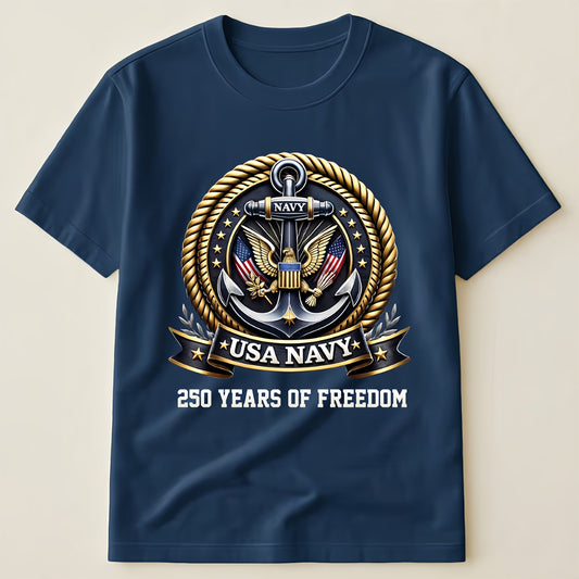 USA Navy Eagle Anchor Emblem T-Shirt, 250th Anniversary Patriotic Military Apparel