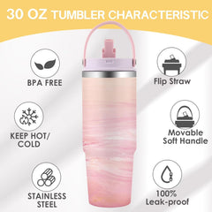 Pink Marble Insulated Tumbler with Handle & Flip Straw, Double Wall Stainless Steel Water Bottle for Gym, Travel & Everyday Use