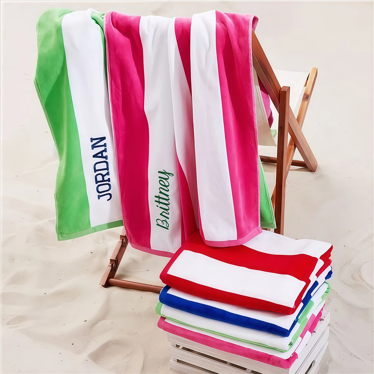 Embroidered Cabana Stripe Beach Towel- Red