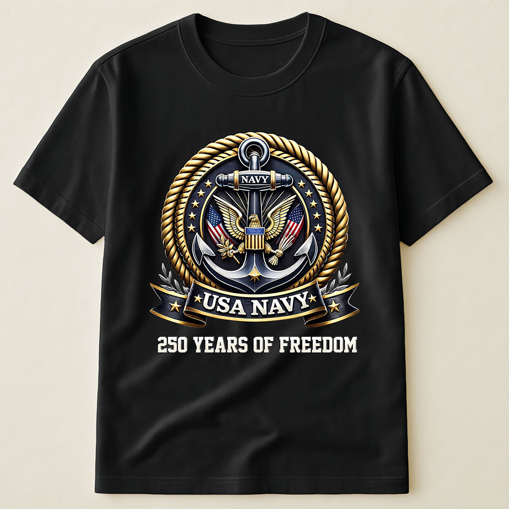 USA Navy Eagle Anchor Emblem T-Shirt, 250th Anniversary Patriotic Military Apparel