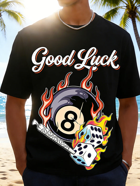 "Good Luck" Flaming 8 Ball & Dice Graphic T-Shirt