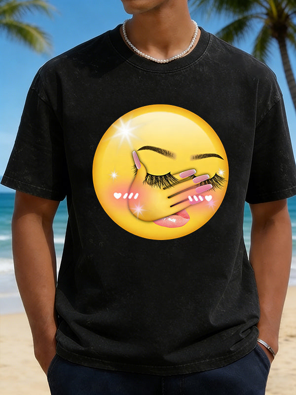 Men's Hands Covering Face Blushing Emoji Graphic Short Sleeve T-Shirt