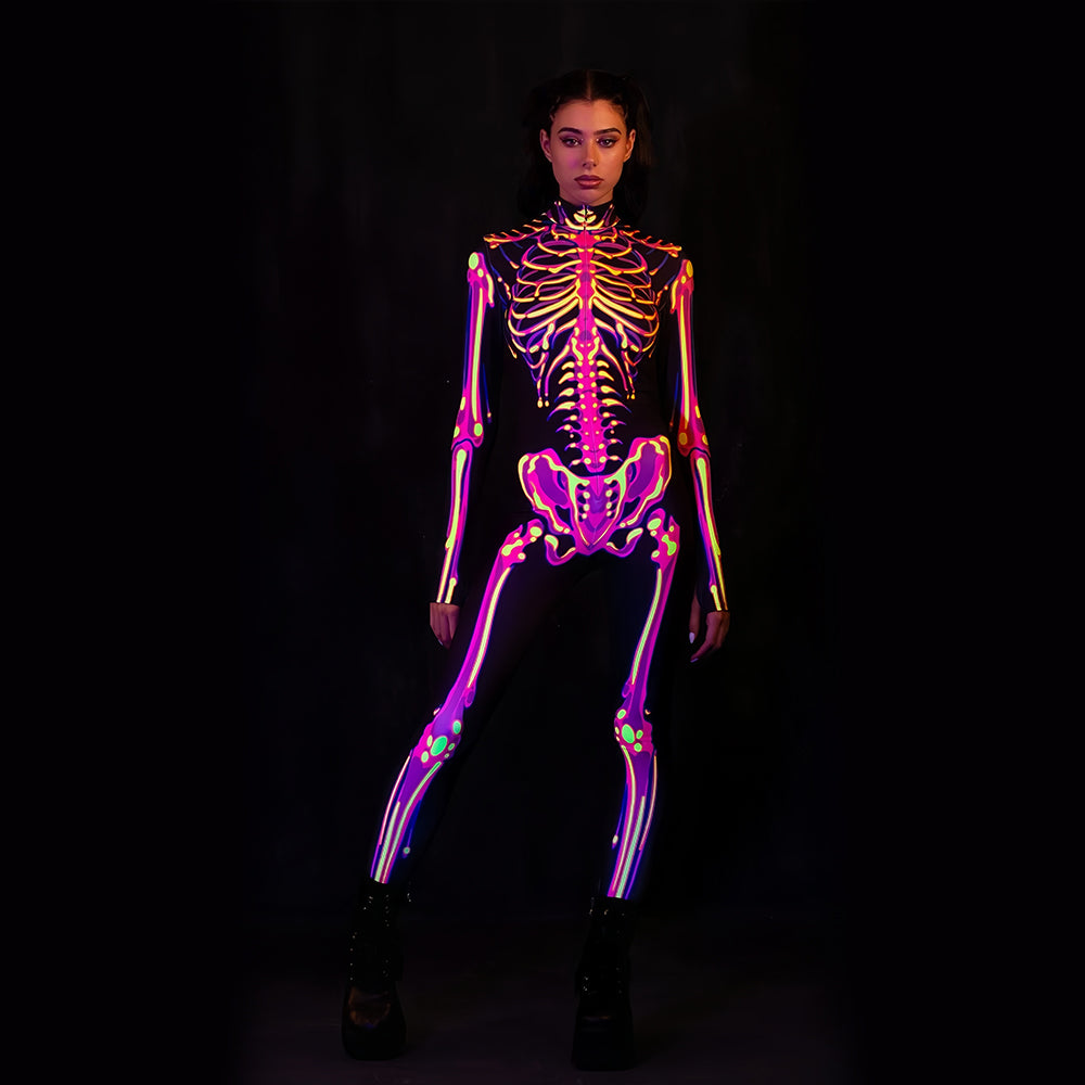 Glow-in-the-dark skeleton bodysuit, Halloween UV fluorescent skeleton cosplay outfit, stretchy long-sleeve leotard, electronic music party costume