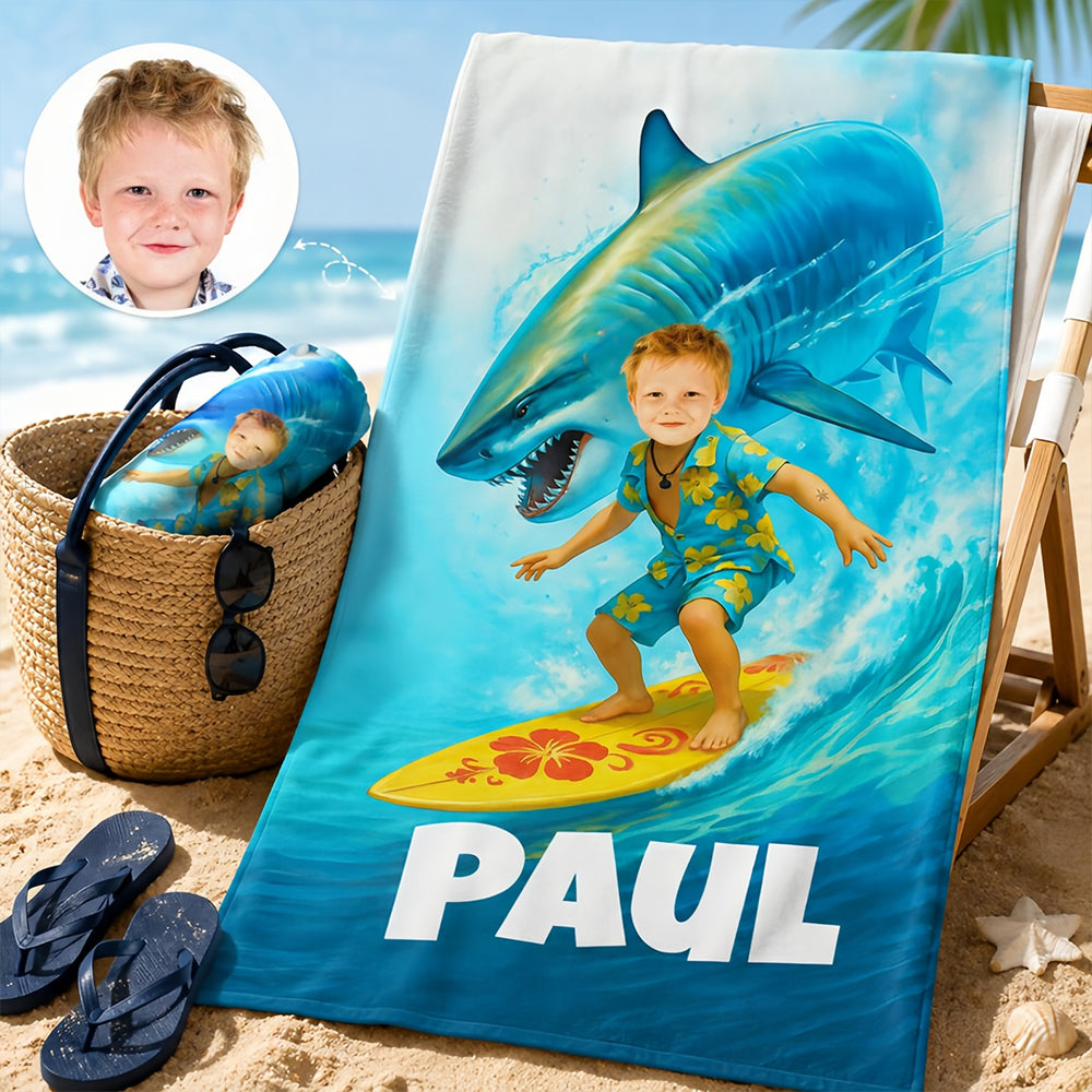 Personalized Shark Beach Towel for Kids, Custom Face Pool Towel, Boys Summer Gift, Surfing Shark Towel with Name, Birthday Beach Gift.
