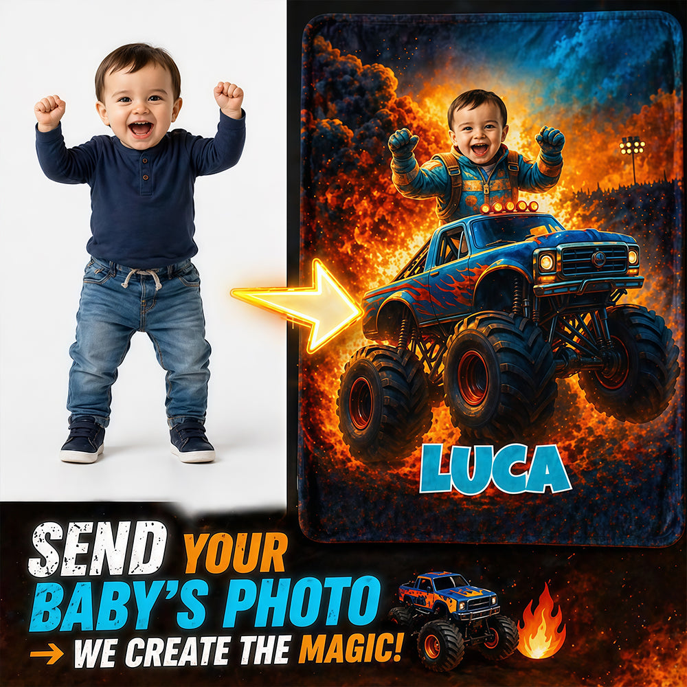 Custom Monster Truck Beach Towel with Photo, Birthday Gift for Kids, Boys, Grandson & Son.