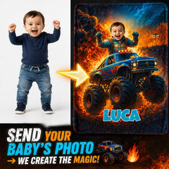 Custom Monster Truck Beach Towel with Photo, Birthday Gift for Kids, Boys, Grandson & Son.