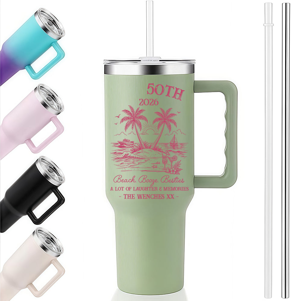 40oz Handle Tumbler | 50th Birthday 2026 Beach Booze Besties Tropical Palm Tree Custom Insulated Travel Cup For Girls Trip Best Friend Gift