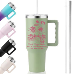 40oz Handle Tumbler | 50th Birthday 2026 Beach Booze Besties Tropical Palm Tree Custom Insulated Travel Cup For Girls Trip Best Friend Gift