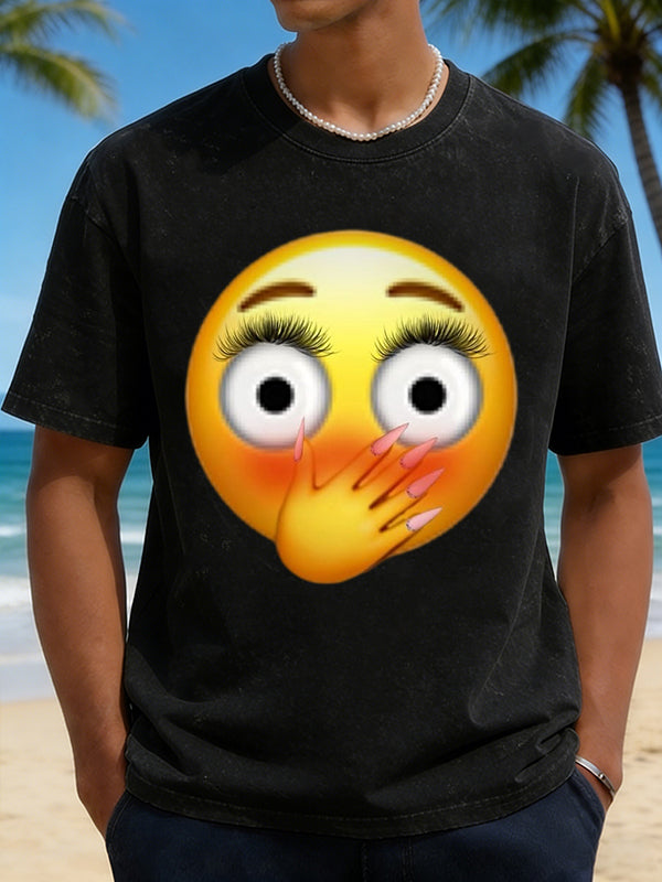 Men's Blushing Hand Cover Mouth Emoji Graphic Short Sleeve T-Shirt