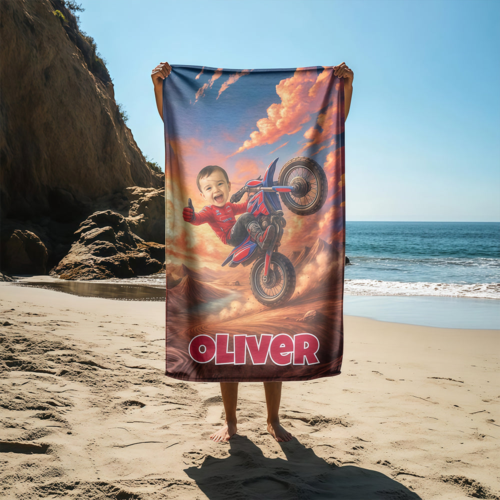 Personalized Motocross Beach Towel with Child Face & Name, Dirt Bike Kid Gift, Custom Motocross.