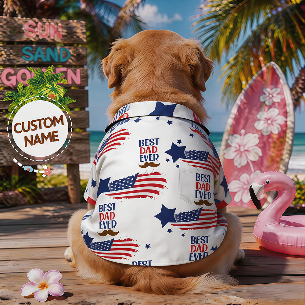 Custom Name Best Dad Ever Dog Hawaiian Shirt, American Flag Mustache Star Print Personalized Pet Summer Shirt, Patriotic Dog Dad Gift