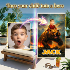 Personalized Kids Beach Towel with Face and Name, Bear Adventure Boy Gift, Bear Towels.