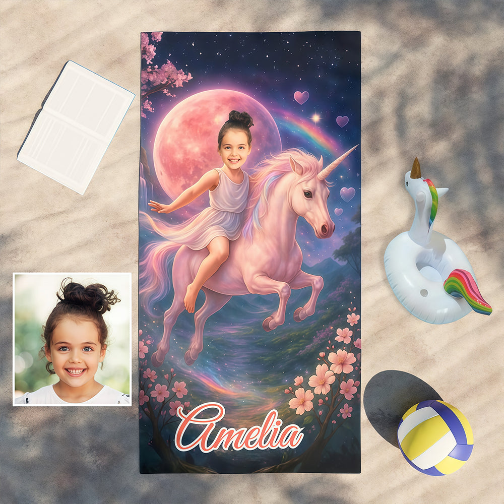 Personalized Unicorn Beach Towel with Girl's Face & Name, Magical Girl Gift, Custom Kids Towel.