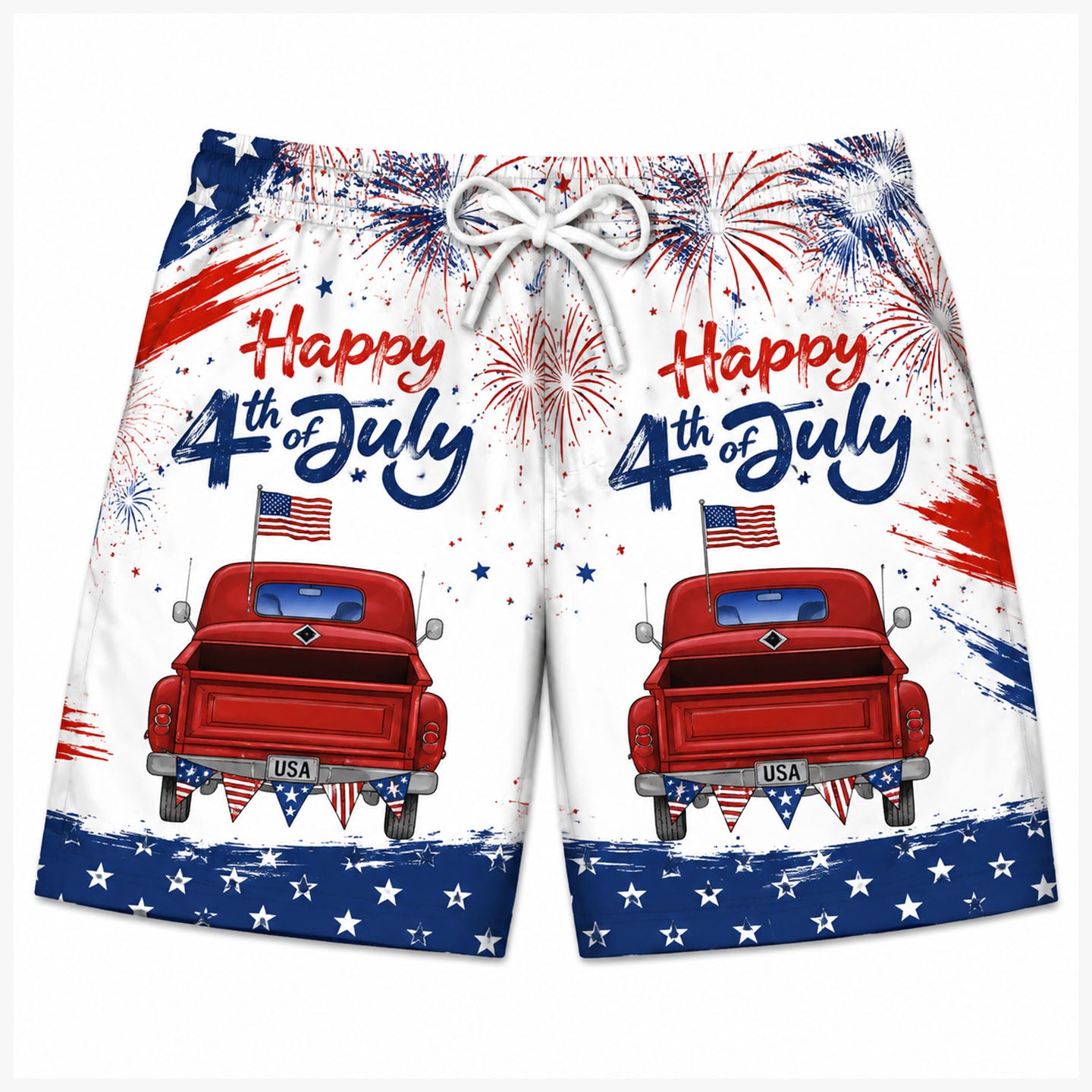 Happy 4th of July Vintage Red Truck Firework Swim Shorts
