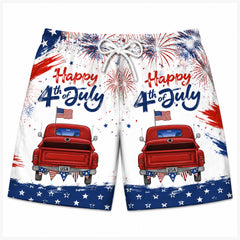Happy 4th of July Vintage Red Truck Firework Swim Shorts
