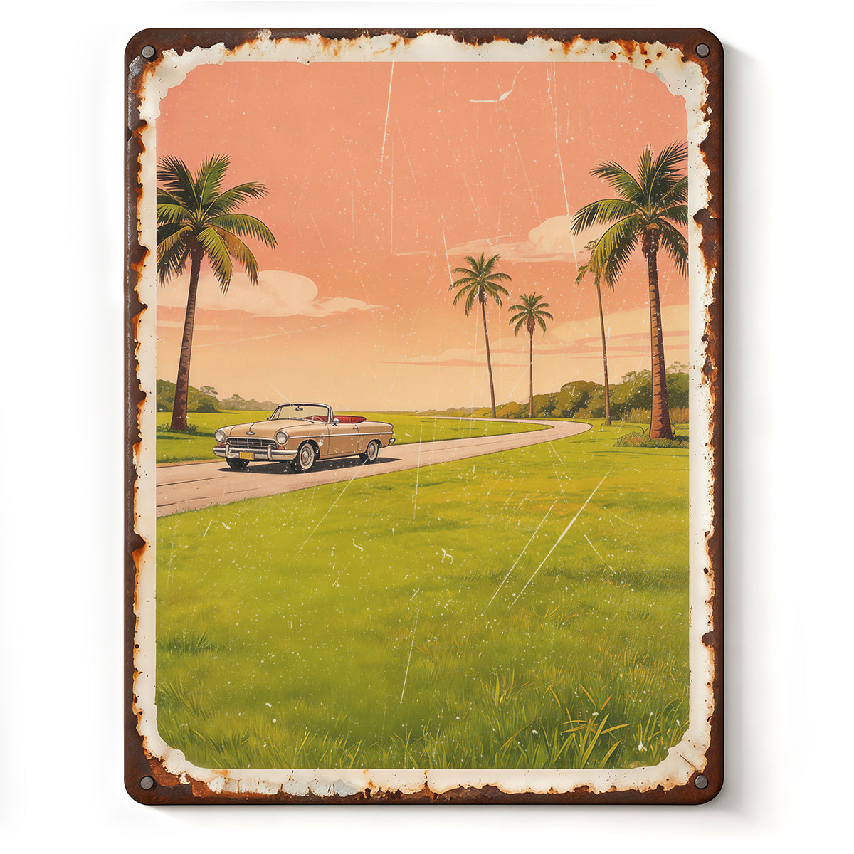 Customized retro distressed rusted-edge palm tree scene metal signboard