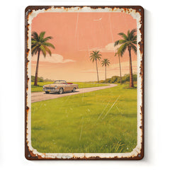 Customized retro distressed rusted-edge palm tree scene metal signboard