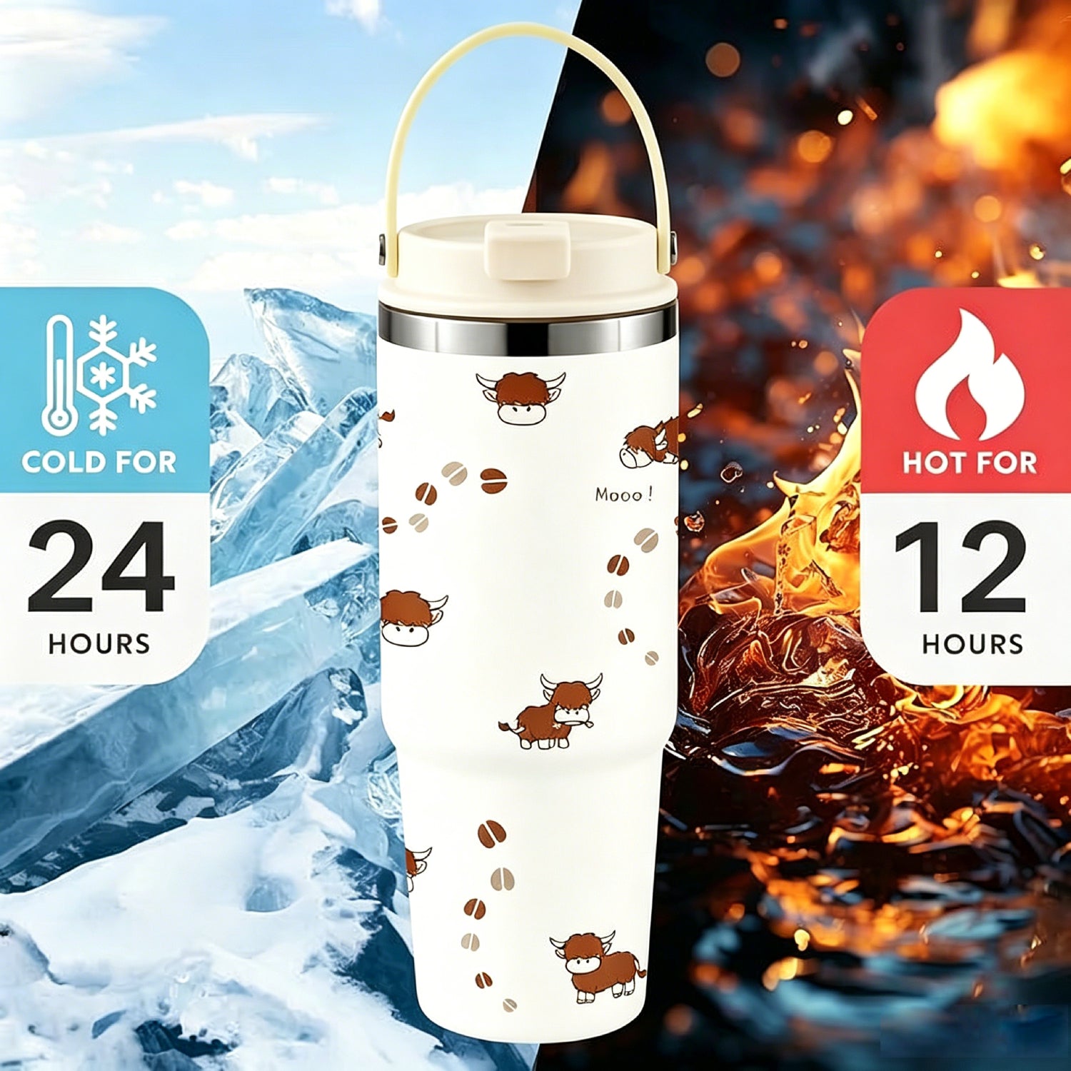 30 Oz Insulated Tumbler with Flip Straw & Carry Handle – Cute Highland Cow Stainless Steel Travel Cup, Leak-Proof Hot & Cold Tumbler