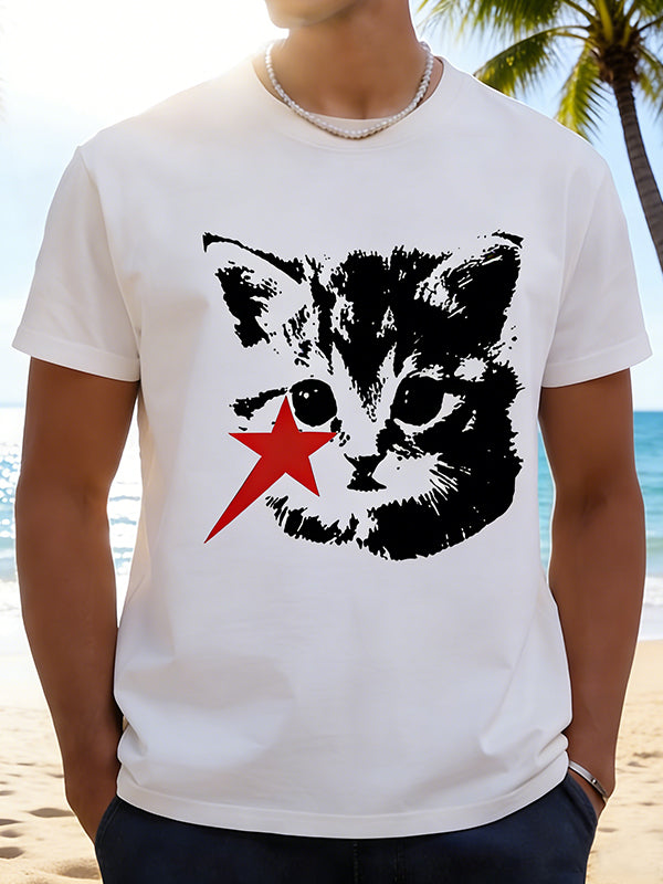Unisex Black & White Cat with Red Star Graphic Tee