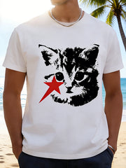 Unisex Black & White Cat with Red Star Graphic Tee