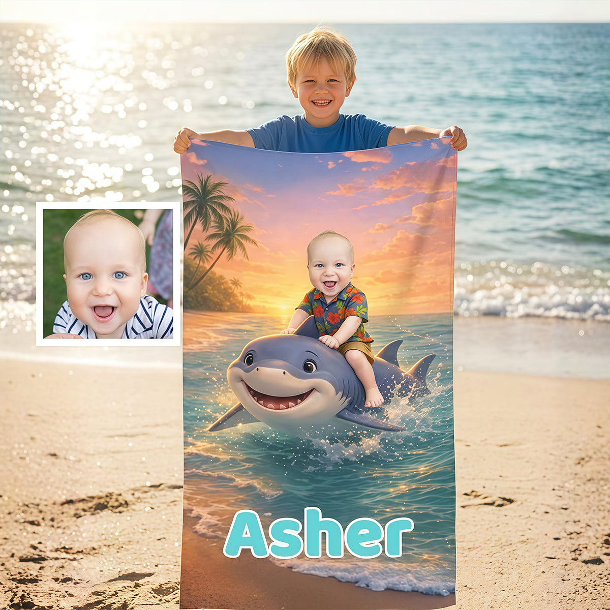 Personalized Shark Beach Towel, Custom Baby Photo Towel with Name, Summer Gift for Kids.