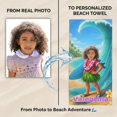 Personalized Girls Beach Towel with Face & Name, Surf Tropical Kid Gift, Kids Pool Towel.