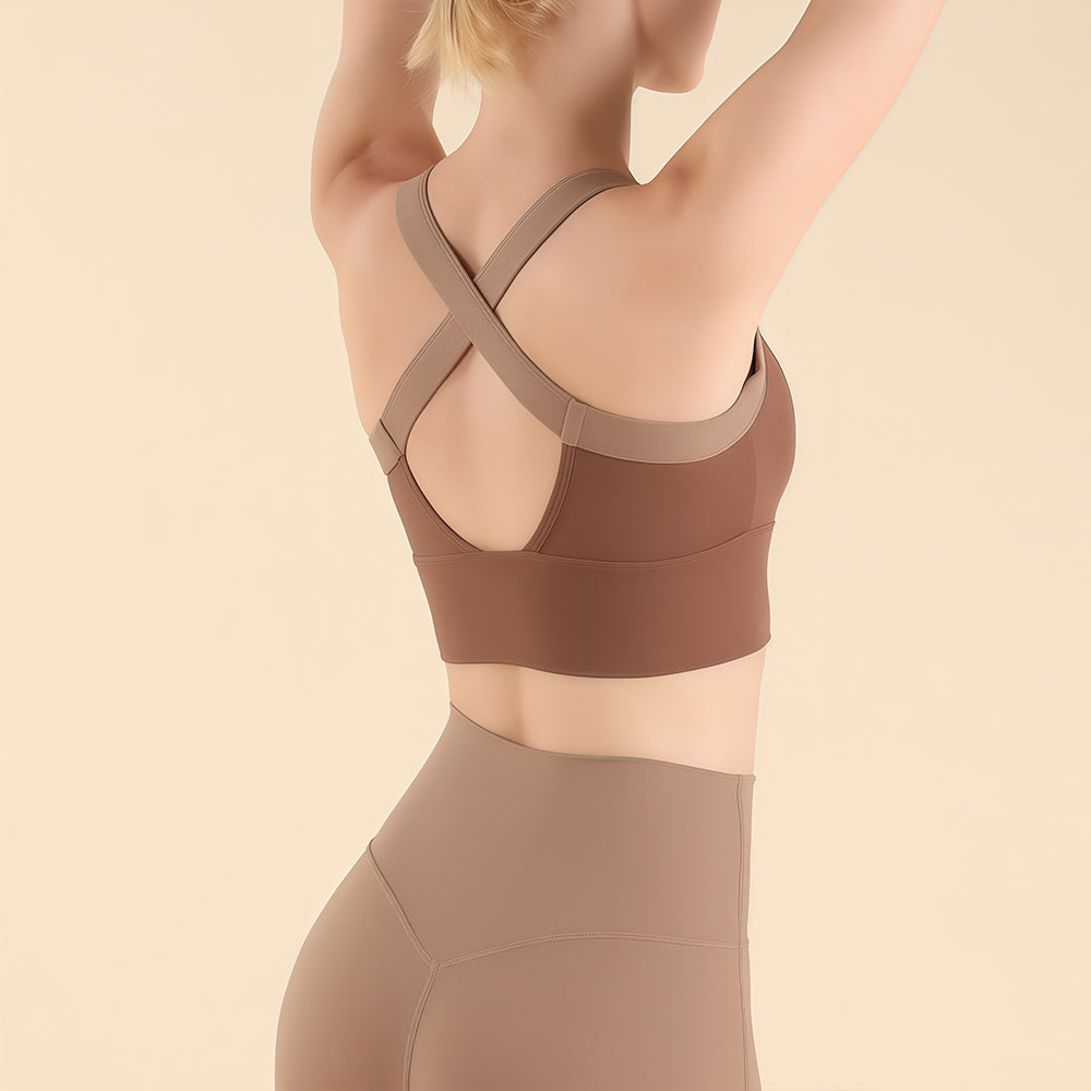 Sage Green Cross Back Sports Bra - High Support Longline Workout Crop Top for Running & Gym