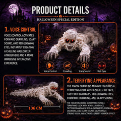 Halloween crawling mummy, an interactive prop with red glowing eyes and terrifying sounds, suitable for outdoor courtyard haunted house decoration