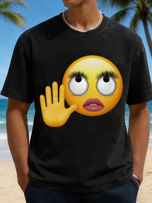 Men's Stop Gesture Big Eyes Emoji Graphic Short Sleeve T-Shirt