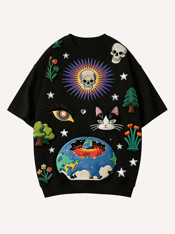 Cat People Attack Earth Print Short Sleeve