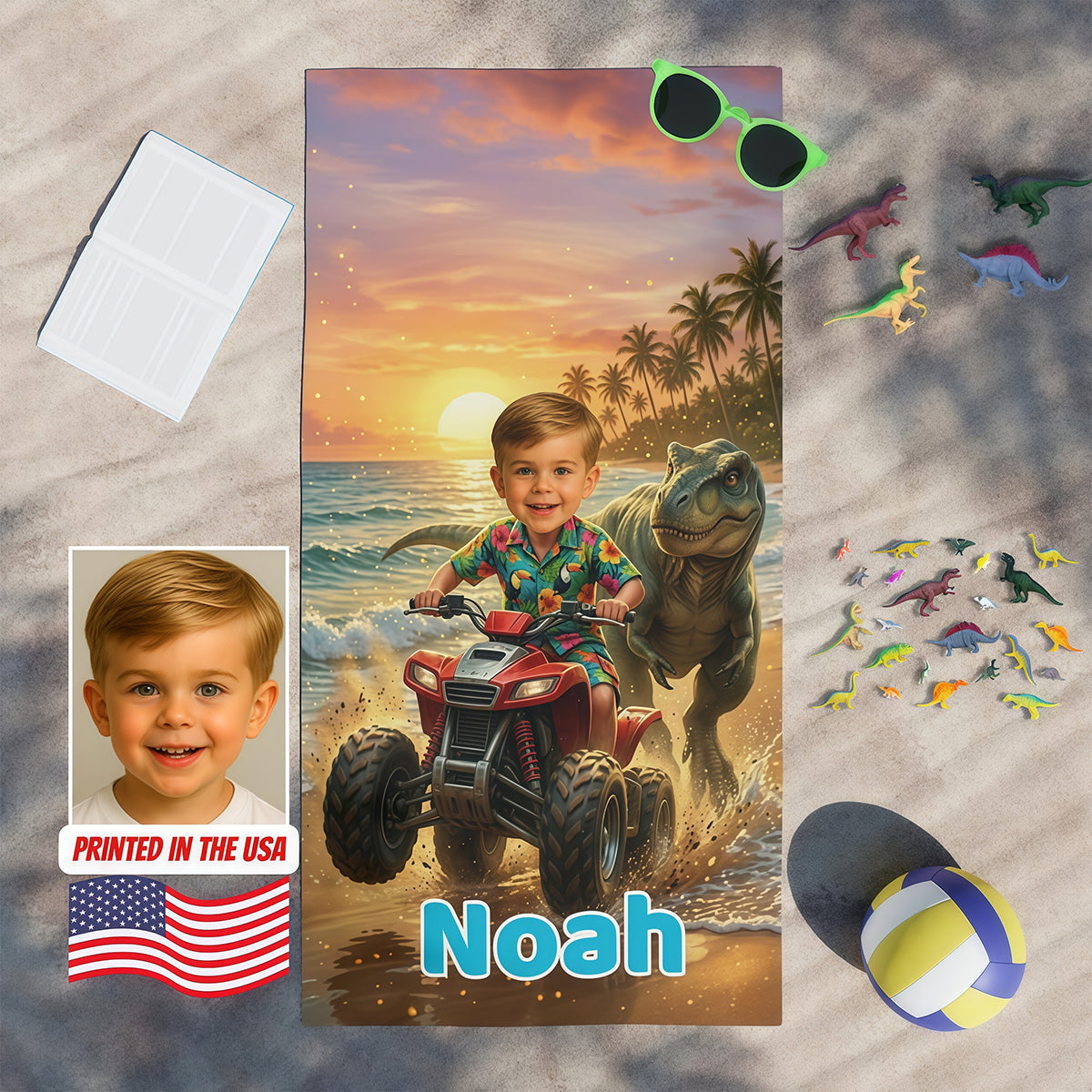 Personalized Dinosaur Beach Towel, Custom Dinosaurs Kids Towel, Boy Summer Gift. Boys Gifts.