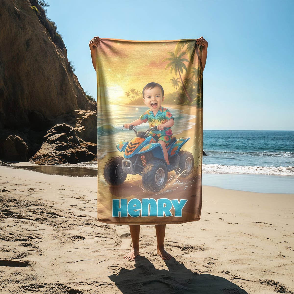 Personalized Kids Beach Towel with Face & Name, Custom Beach Towel for Boys, Summer Gift, ATV racing gift.
