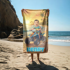 Personalized Kids Beach Towel with Face & Name, Custom Beach Towel for Boys, Summer Gift, ATV racing gift.