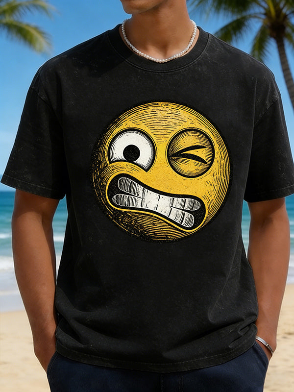 Men's Winking Grinning Emoji Retro Comic Graphic Short Sleeve T-Shirt