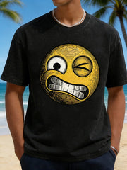 Men's Winking Grinning Emoji Retro Comic Graphic Short Sleeve T-Shirt