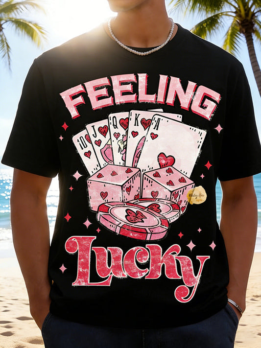 "FEELING Lucky" Heart Poker & Pink Dice Graphic T-Shirt