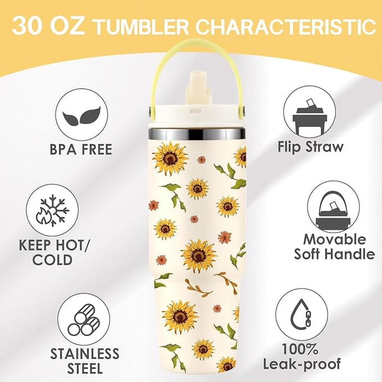Sunflower Print Insulated Water Bottle with Straw & Handle, Leakproof Stainless Steel Tumbler for Hot/Cold Drinks, Boho Floral Design