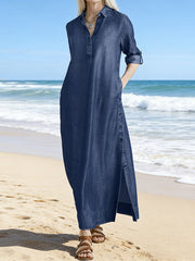 New denim dress with a turn-down collar and washed details