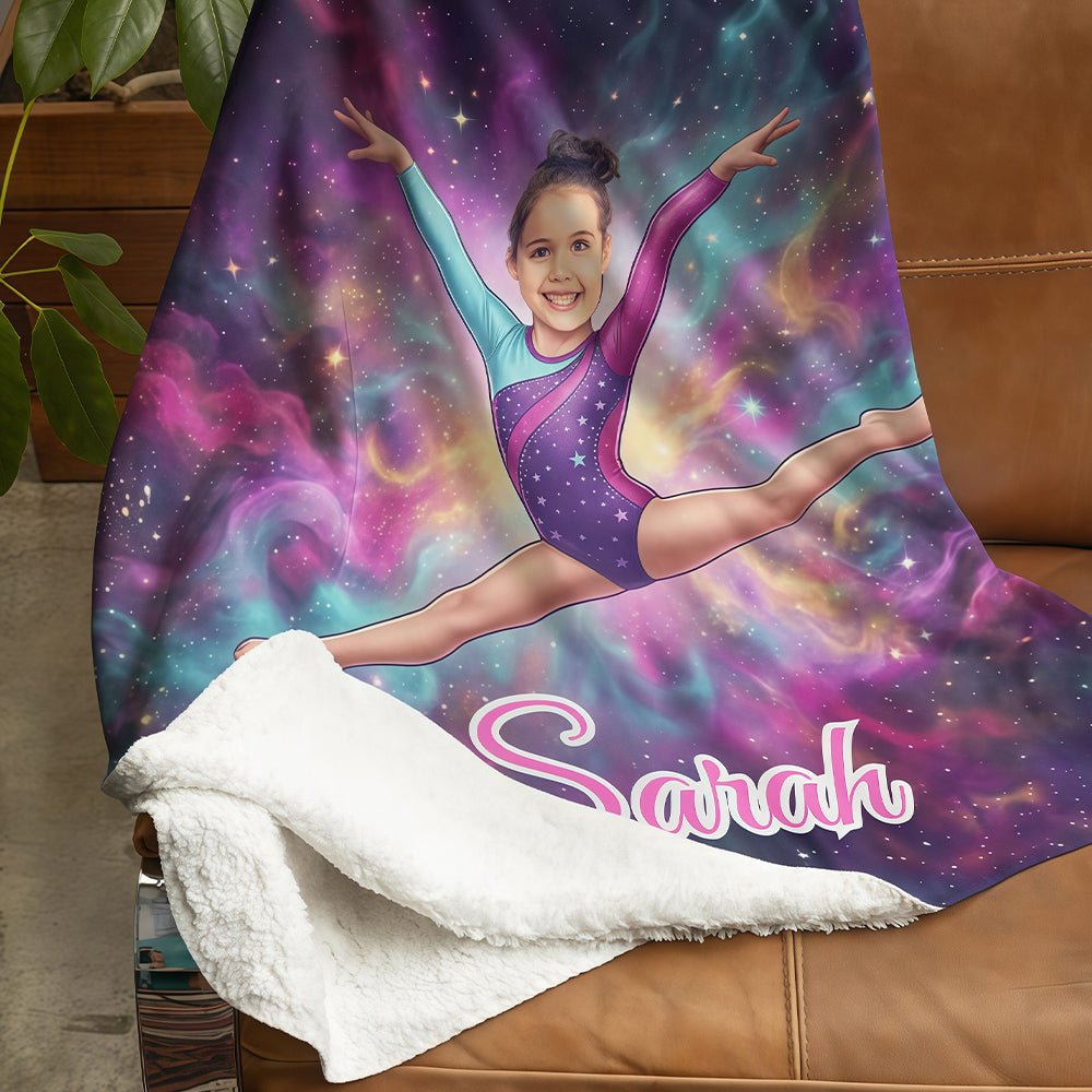 Personalized Gymnast Blanket with Child’s Face & Name, Custom Photo Throw Dance Gift for Girls.