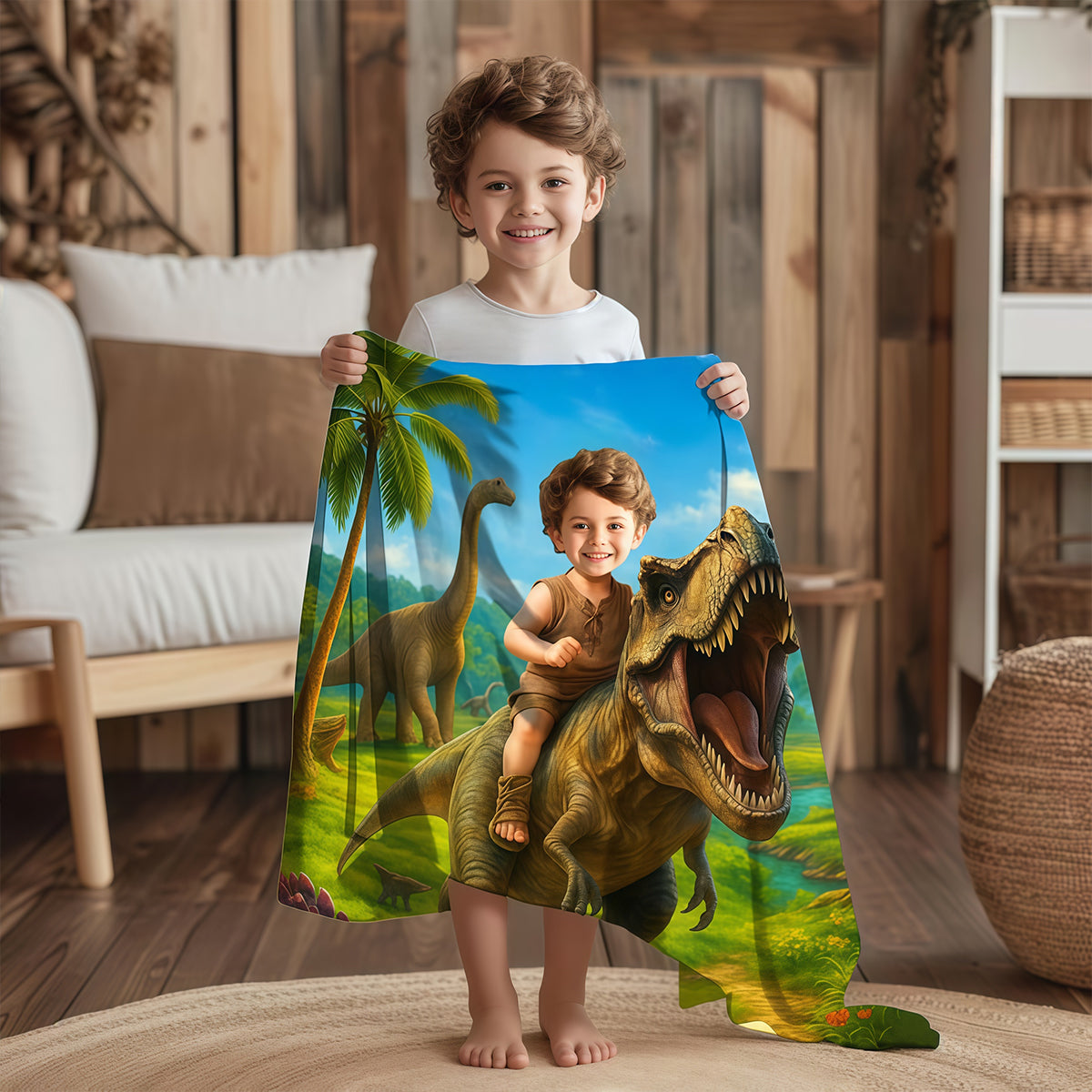 Personalized Dinosaur Blanket with Child’s Photo and Name, Custom Dino Riding Design for Kids.
