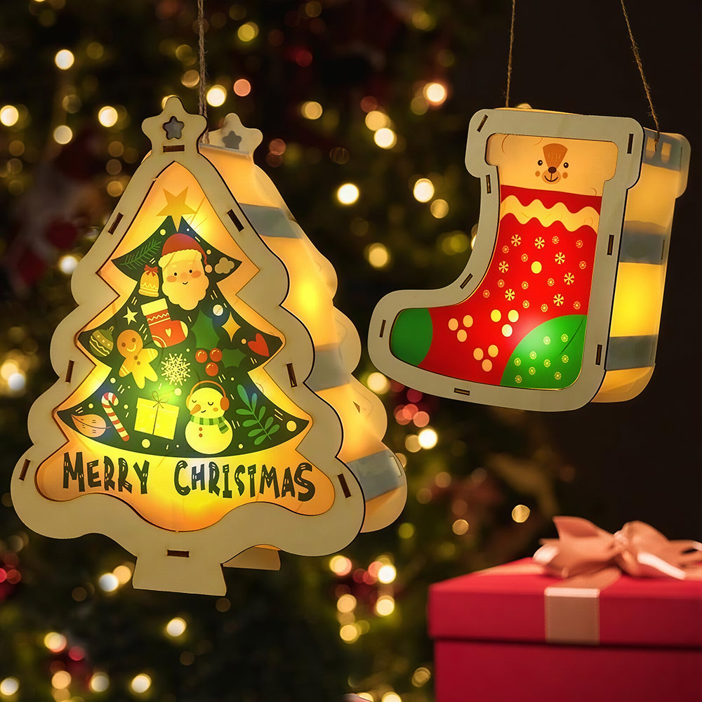 Lighted Wooden Reindeer Christmas Ornament, DIY Color Painting Elk Hanging Lamp, LED Wooden Christmas Tree Hanging Decoration for Holiday Decor