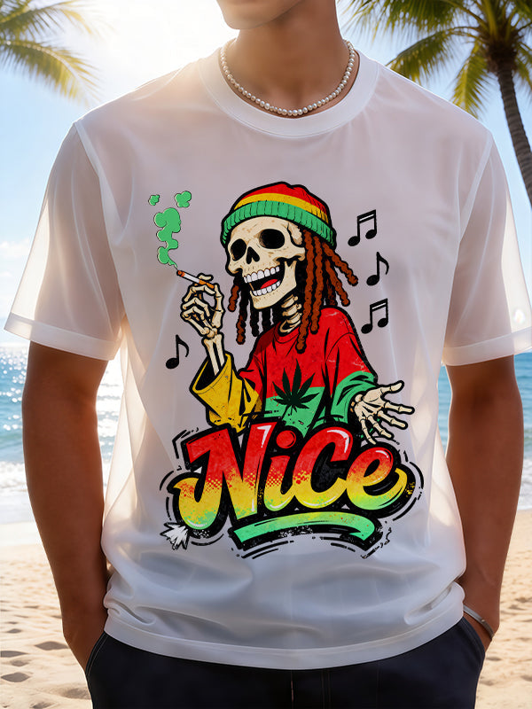 Vintage Rasta Smoking Skeleton NiCe Graphic T-Shirt