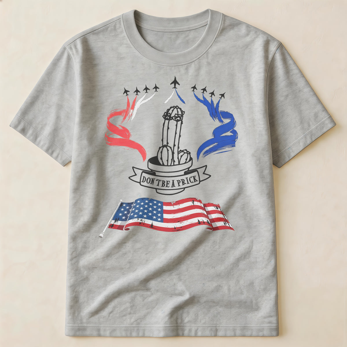 Funny Patriotic Cactus Shirt | USA Flag Military Jet Flyover 4th July Gift T-Shirt