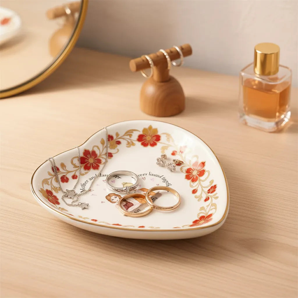 Custom  Photo Ceramic Trinket Tray with Elegant Red Floral Vine Border-Mother and daughters forever linked together