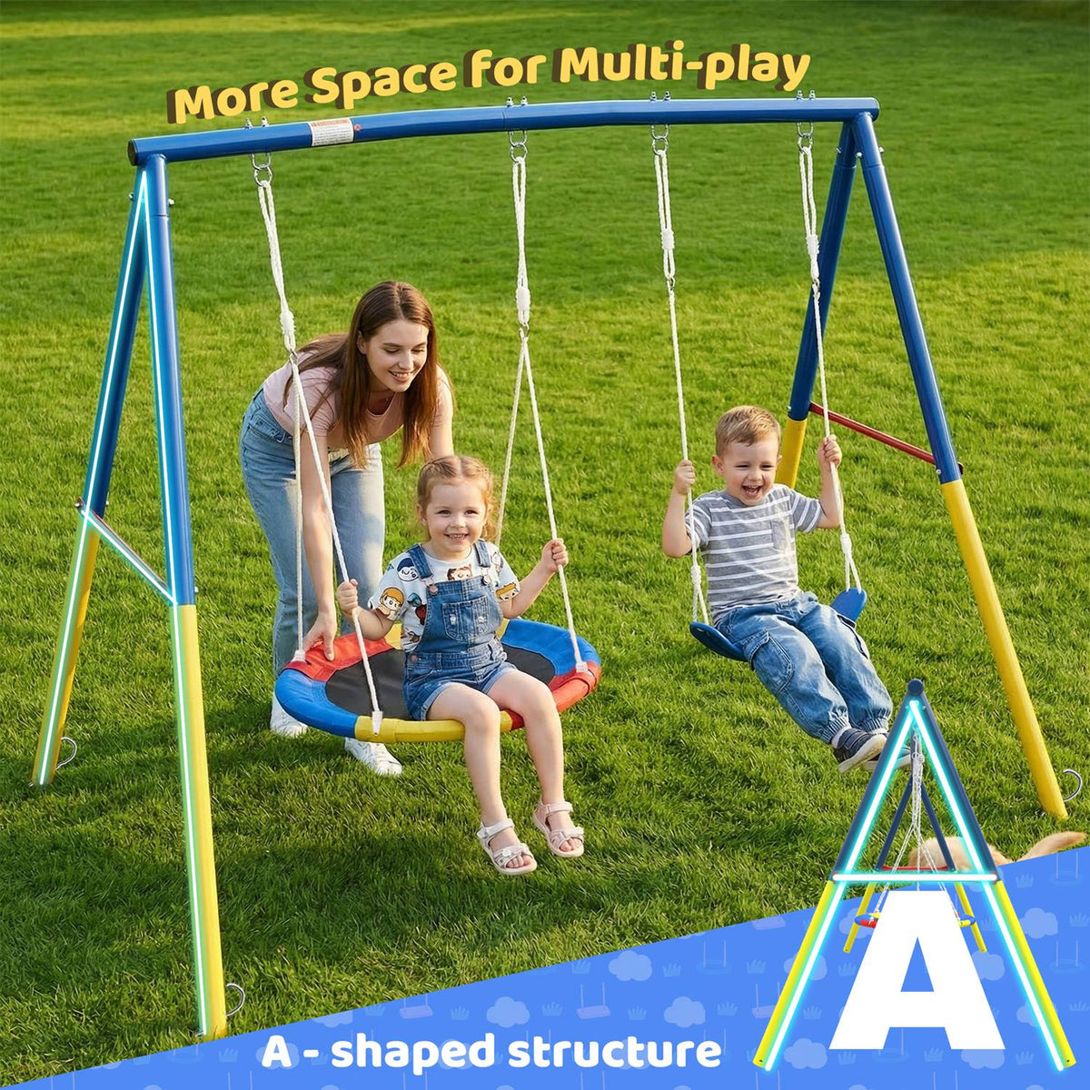 1 Set Swing Set For Christmas Gift Backyard, 330lbs Swing Set With Heavy-Duty A-Frame Metal Outdoor 