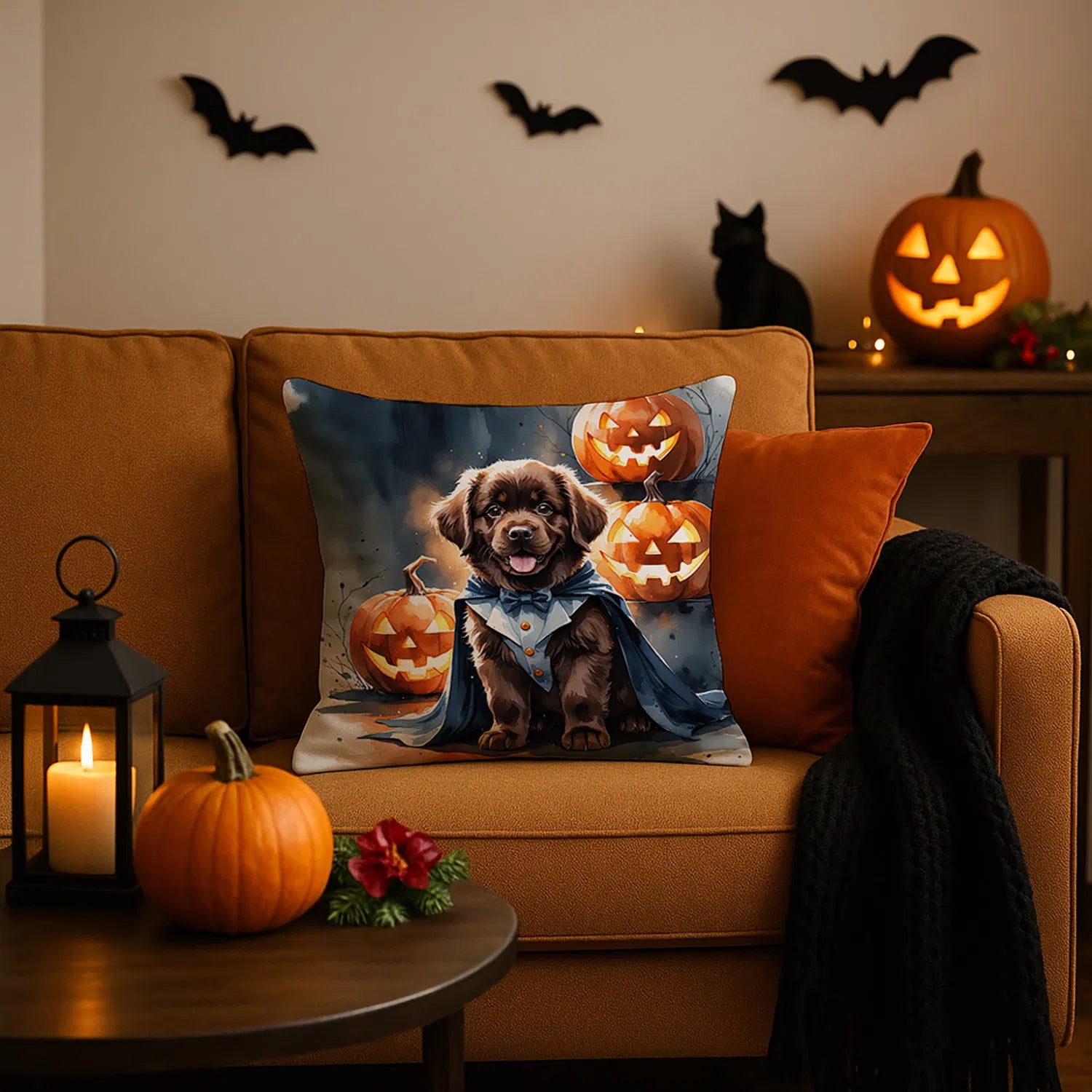 chocolate newfoundland halloween throw pillow with insert - product photo 2 of 8