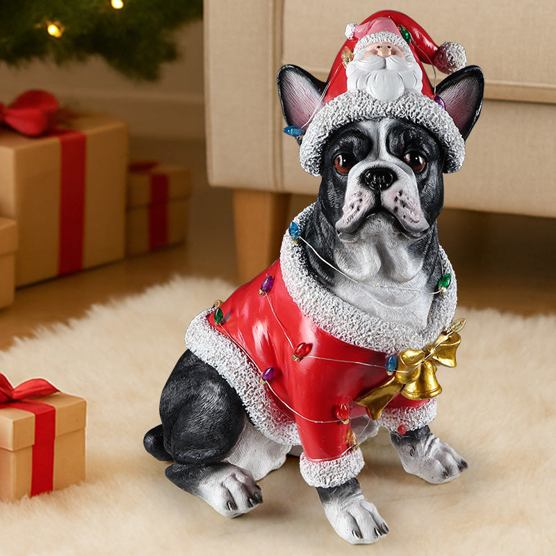 A black and white French bulldog sitting in a red Santa coat with a string of colored lights across the back, a Santa hat with reindeer ears on the head, in a living room at Christmas