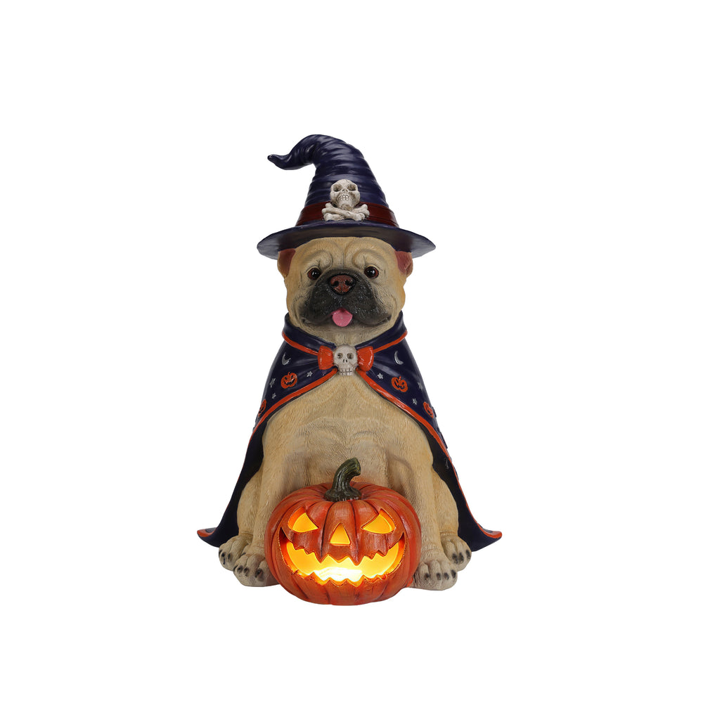Bulldog witch statue on a plain background, front view, in orange, black and purple with a skull badge on the hat