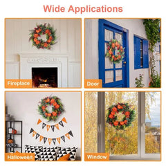 Girl hanging an autumn pumpkin wreath on a brick wall decorated with bats